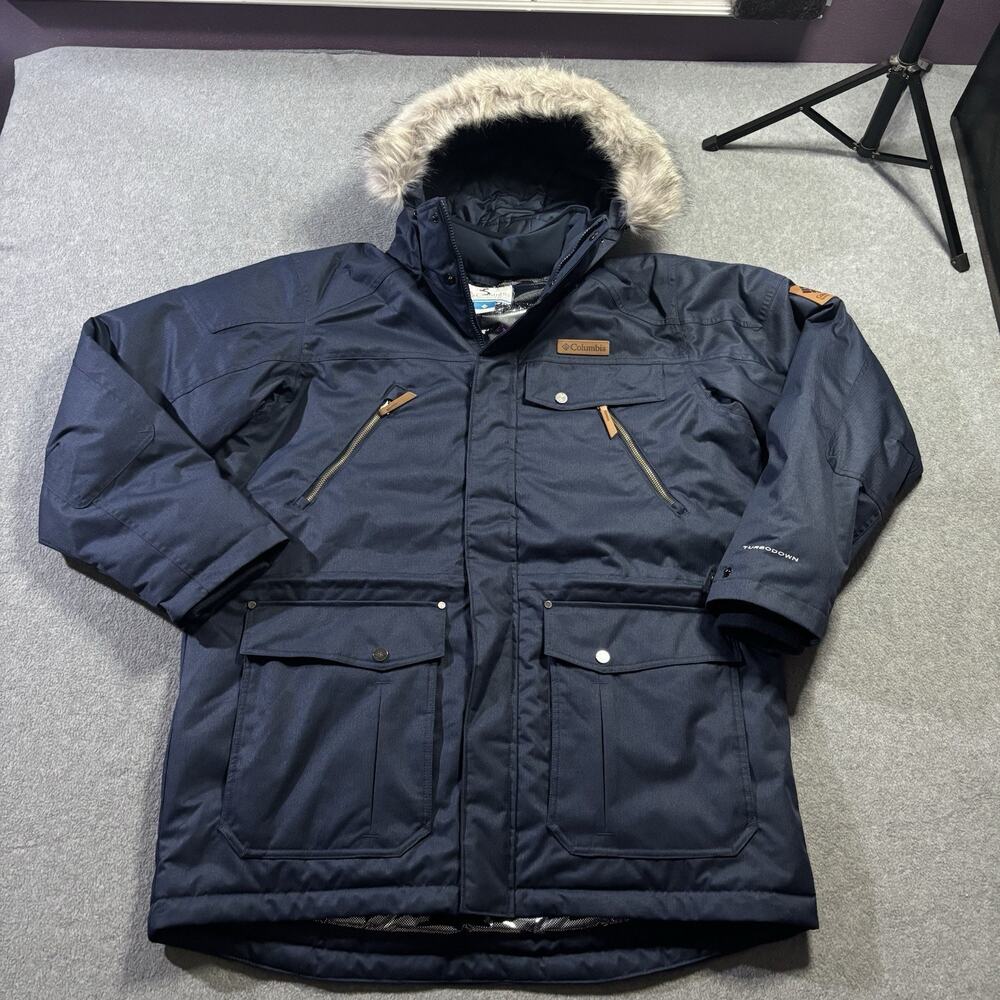 Columbia Barlow Pass 550 TurboDown Men's Large Winter Parka Jacket Navy Blue